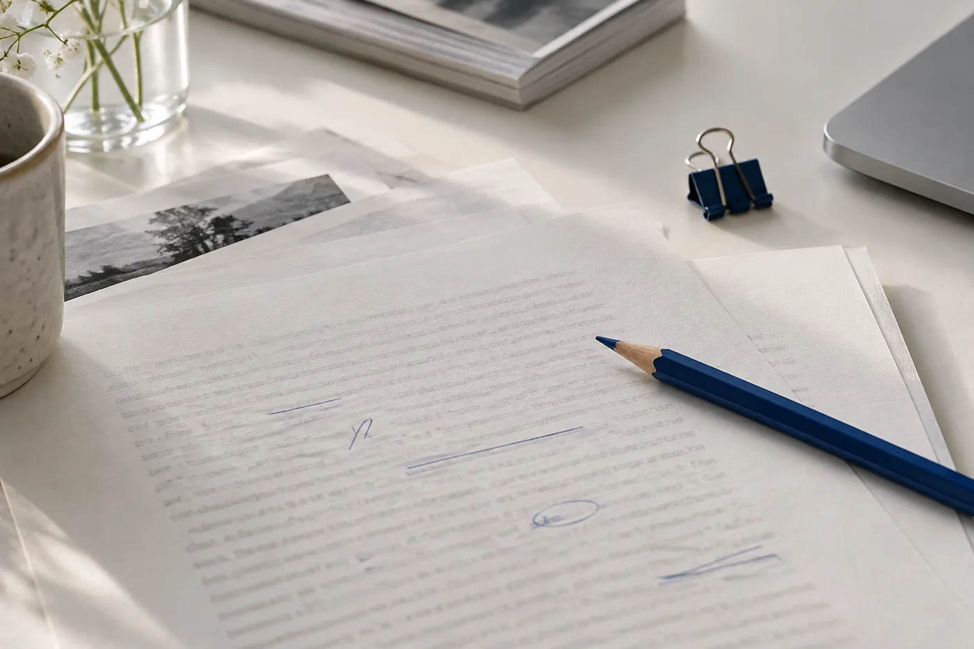 Conceptual editing still life with a blue pencil and proof sheets