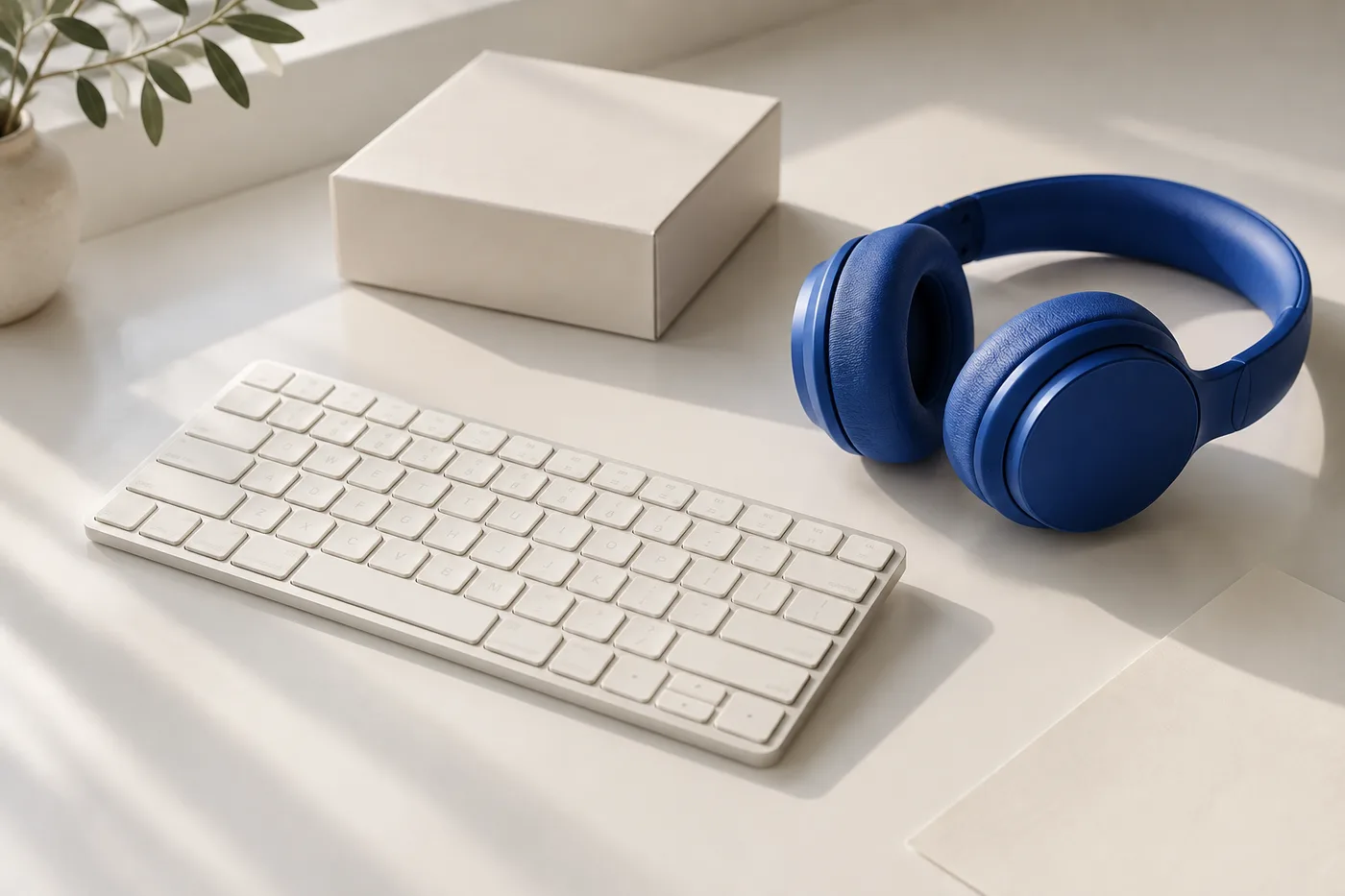 Conceptual still life of a white keyboard, blue headphones and unbranded packaging